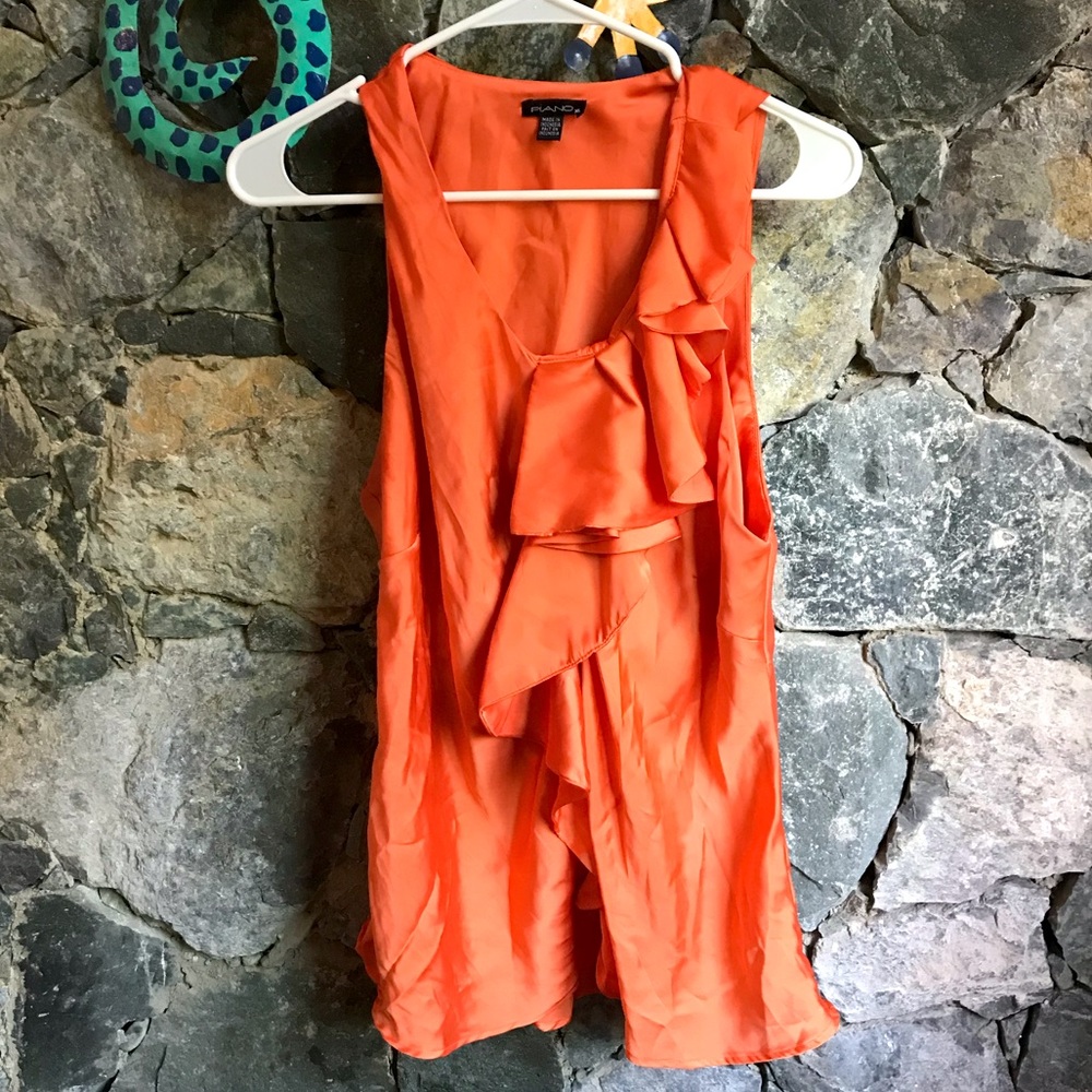 Piano ruffled front loose fitting bright orange polyester top size XL